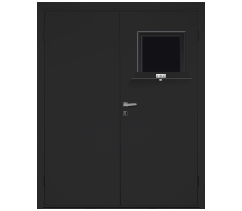 Влагостойкая дверь ПВХ EtaDoor с передаточным окном черная двухстворчатая с алюминиевой кромкой