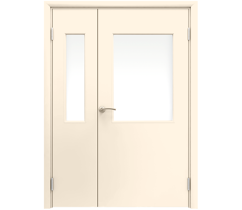 Влагостойкая дверь ПВХ EtaDoor с окном кремовая полуторастворчатая с алюминиевой кромкой