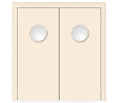 Влагостойкая дверь ПВХ EtaDoor с иллюминатором кремовая маятниковая двухстворчатая с ПВХ кромкой